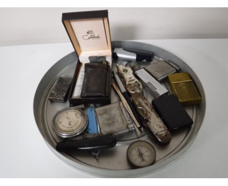 A tray containing assorted lighters including a boxed Calbri lighter, a New York Standard pocket watch, pen knives, etc 