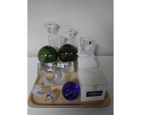 A tray of three graduated Xavier glass candle sticks, pair of Victorian glass balls, crystal Daum dish, boxed Caithness paper