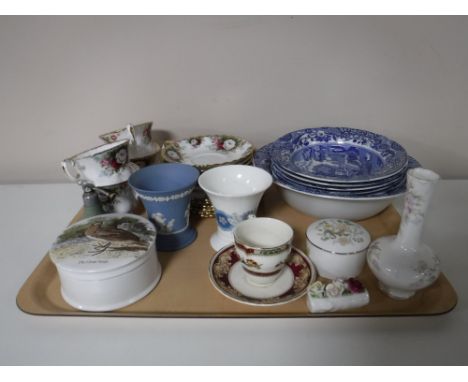 A tray containing a seven piece Spode dessert set, a part Royal Albert Celebration tea service, Wedgwood, etc 