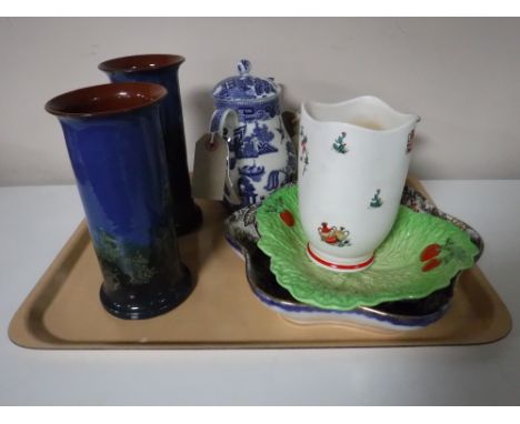 A Crown Ducal Ringtons Tea vase, a Beswick Ware leaf dish (model 212), a Wedgwood willow-pattern coffee pot, a Myott Son & Co