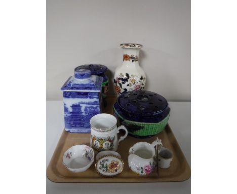 A tray containing a Mason's Mandalay vase, two Ringtons's Maling flower vases, a Ringtons Willow pattern tea caddy, together 