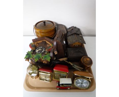 A tray of wooden trinket boxes, desk clocks, cuckoo clock, field glasses etc 