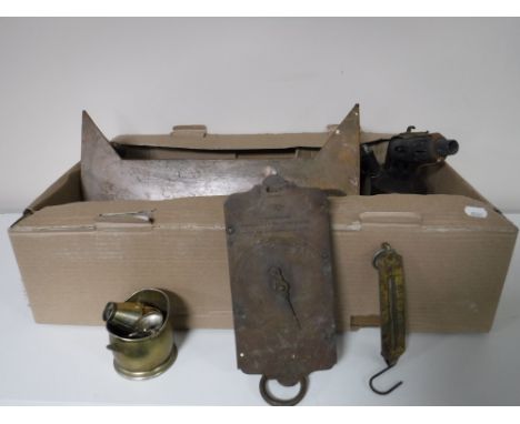 A box containing metal ware including blow torch, trivet stand and two sets of Salter balance scales