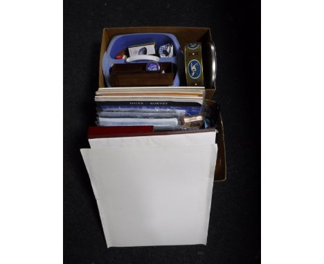 Two boxes of artist's paper, brushes, crafting tools, computer software, boxed art light box 