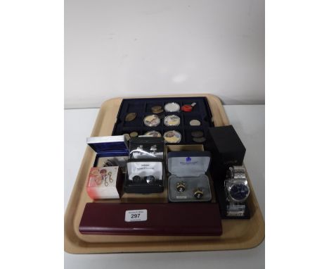 A collection cufflinks including Wedgwood, Magic Roundabout, Swarovksi, boxed gent's Lorus wrist watch, one other watch, coin