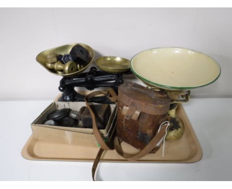 Two sets of vintage scales with weights, together with a set of leather cased field glasses