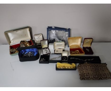 A box containing a collection of sterling silver and costume jewellery, including Wedgwood brooch and ring