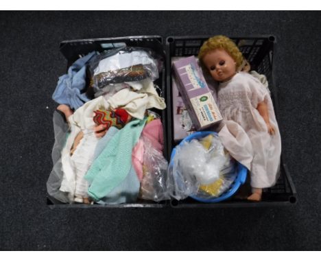 Two boxes containing mid twentieth century  dolls and dolls clothes, Lego, together with a boxed Marx little hostess dining t