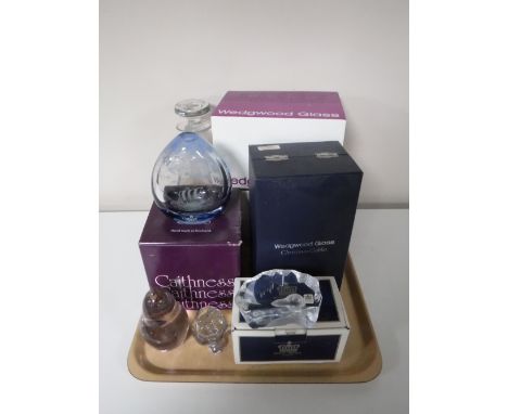 A box of boxed Wedgwood glass ware, Caithness glass vase, Royal Corna paperweight of a seal etc 