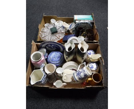 Two boxes of assorted china - Ringtons, delft tankard, comport, Heminex cine camera etc 