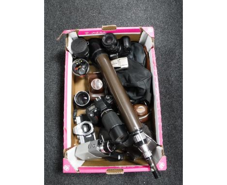 One box containing photographic equipment including a Carl Zeiss lens, telescope, digital LSR camera etc
