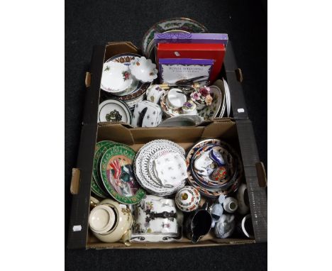 Two boxes containing assorted tea china, wall plates, Royal Worcester ramekins, cutlery, cheese dish with lid, tea pot,etc 