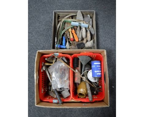 Two boxes and a drawer of assorted tools, hard ware, door handles etc 