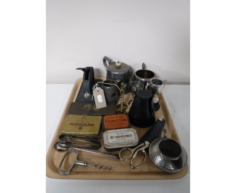 A tray of plated tea service, trophy, stirrup cup in leather case, vintage tins, bottle opener, Craftsman pewter jug 