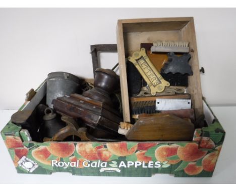 A box of balance scales, cobblers last, hand saw, shoe cleaning brushes, metal ware etc 