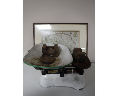 A set of vintage W & T Avery scales together with a framed map of Yorkshire