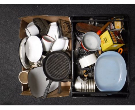 Two boxes of kitchenalia, enamelled ware, scales etc 