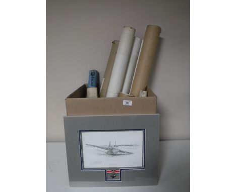 A box of un-framed signed print - Awaiting recovery with medal, unframed posters and prints - Titanic, trains, Esso etc. Also