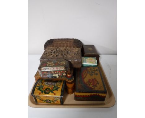 A tray of wooden trinket boxes and a sewing basket with contents 