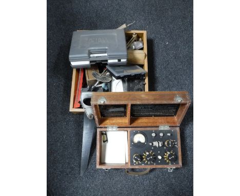 A boxed Demolition test set together with a cased stocks and dies set and a further box of hand tools, woodworking tools, Tay