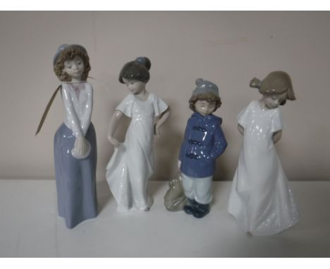 Four Nao figures of girls, including dancer, girl with backpack etc