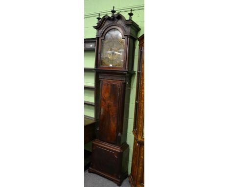 A mahogany eight day longcase clock, signed Fearnley, Wigan, circa 1780, swan neck pediment with inset gilt painted glass pan