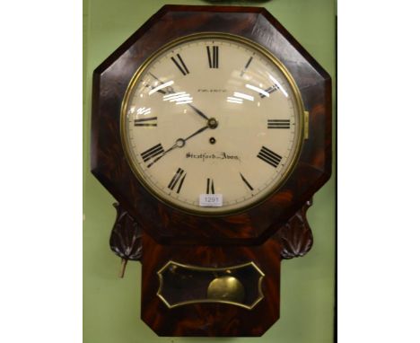 A mahogany drop dial wall timepiece, signed Pearce, Stratford on Avon, circa 1850, octagonal shaped case with a side door, tr