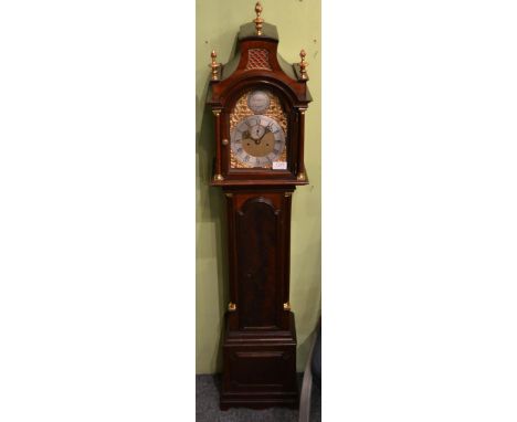 A small mahogany longcase clock, 20th century, pagoda pediment, moulded arched trunk door, 6-1/2-inch arched brass dial, seco