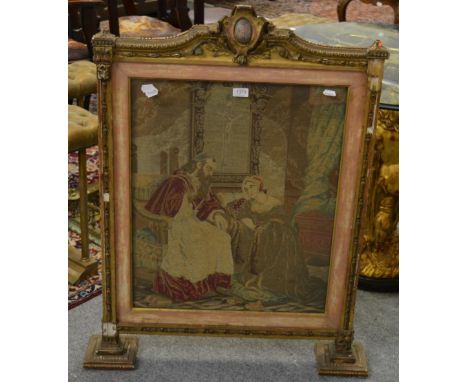 A Victorian gilt gesso firescreen with needlework inset, 103cm high (a.f.)      