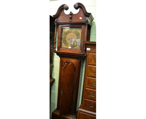 An oak thirty hour longcase clock, circa 1770, swan neck pediment, 12-inch brass dial with the chapter ring signed Lomax, Bla