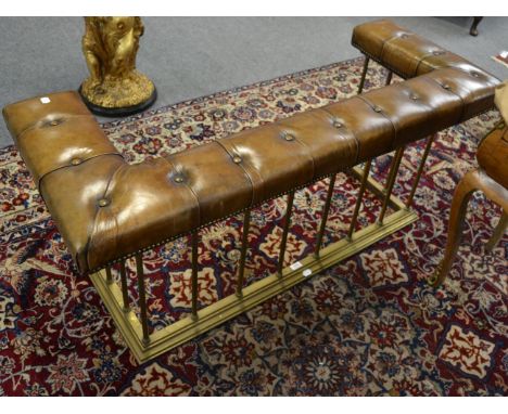 An early 20th century brass and studded button leather club fender, external dimensions 145cm by 59cm (internal dimensions 10