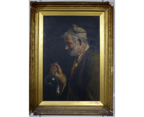 G Azziudio ? (19th century) Italian, Portrait of a man, half length in profile wearing a cap and holding a flask, signed and 