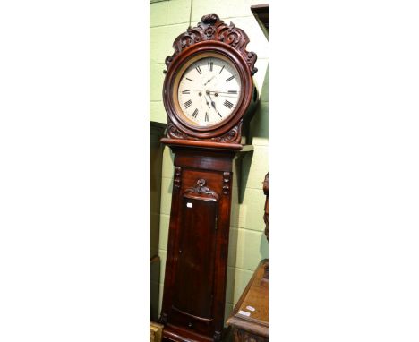 A Scottish mahogany eight day longcase clock, signed R.F.McGibbon, Paisley, circa 1840, drum shaped pediment with a carved sc