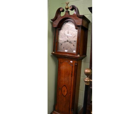 An oak eight day longcase clock, signed Jno Gladstones, Biggar, swan neck pediment, shell inlaid trunk door, 12-inch arched s