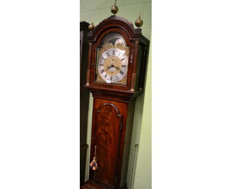 A mahogany eight day longcase clock, signed Jno Knight, Riverhead, circa 1780, arched pediment, stop brass fluted columns, mo