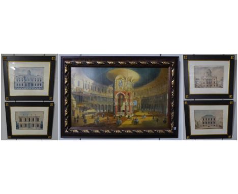P di Medicci in the manner of Guardi, Fashionable figures in an elegant rotunda, signed, oil on panel, together with a set of