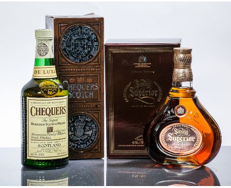 JOHNNIE WALKER SWING SUPERIOR
Blended Scotch Whisky, 0.75L, 43% volume. in box.
CHEQUERS DE LUXE
Blended Scotch Whisky by Joh