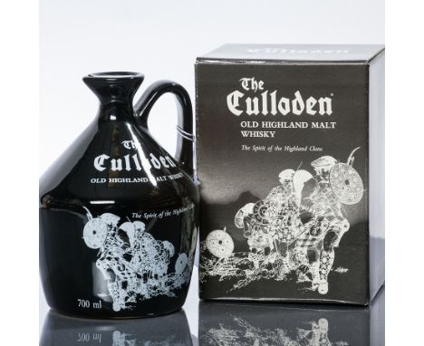 THE CULLODEN 'SPIRIT OF THE CLANS'
Highland Malt Whisky, black ceramic flagon decanter with white text and image of clansmen,