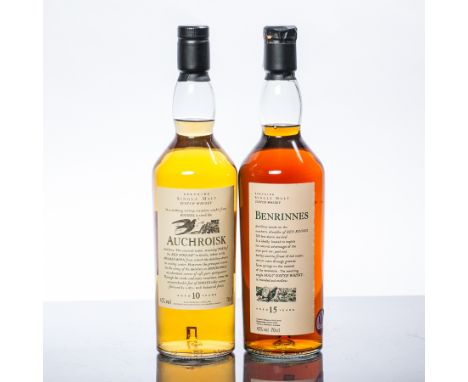 AUCHROISK 10 YEARS OLD
Speyside Single Malt Scotch Whisky. Flora & Fauna bottling. 
70cl. 43% vol. 
BENRINNES 15 YEARS OLD
Sp