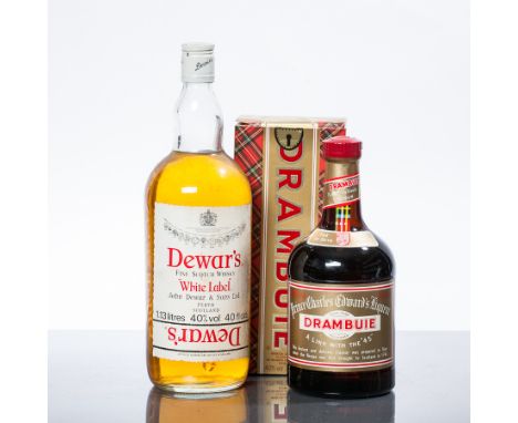 DRAMBUIE
Scotch Liqueur. 75 cl, 40% volume. In carton.
DEWAR'S WHITE LABEL
Blended Scotch Whisky. 1.13 L, 40% volume.
2 bottl