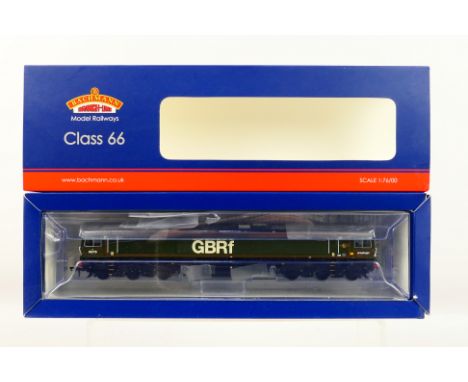 Bachmann - A boxed OO gauge Class 66 Diesel locomotive in GBRf livery # 32-983. The label says 21DCC. The model appears Mint 