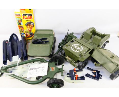 Palitoy - Action Man - An unboxed group of Action Man vehicles with an EMPTY Action Man 'Soldier' box and original Action lea