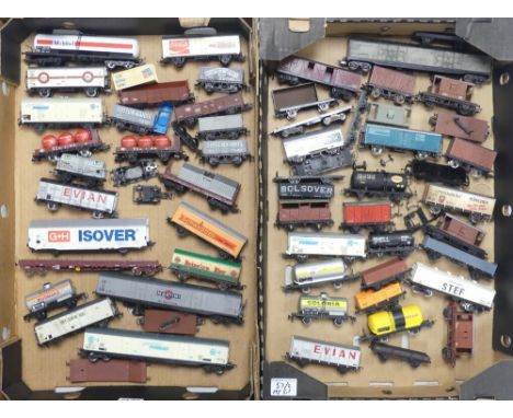 Mixture of Hornby, Jouef, Lima and Tri-ang freight wagons, vans and tankers. In various condition. (2 Trays)