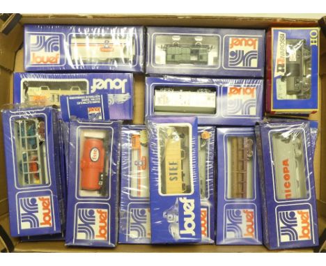 Collection of Jouef HO gauge freight wagons, car transporter,  and tankers, boxed (in various condition). (1 Tray)