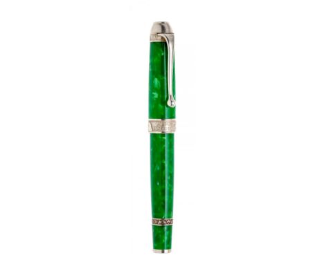 AURORA "MAR TIRRENO" FOUNTAIN PEN LIMITED EDITION.Body in green marbled celluloid and silver finish.Rhodium plated 18 Kts gol