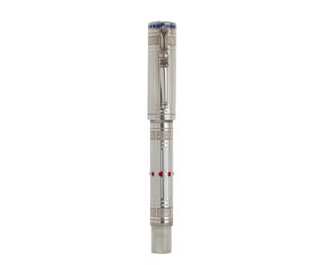 MONTEGRAPPA WHITE NIGHTS FOUNTAIN PEN.Silver barrel engraved in bas-relief and enamel in blue, red and white tones depicting 