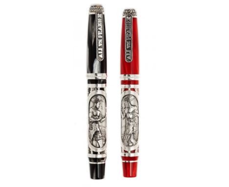 MONTEGRAPPA FOUNTAIN PENS, LIMITED EDITION COMBAT FRAZIER AND ALI.Mother-of-pearl resin and sterling silver barrels.Bicolour 