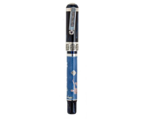 MONTEGRAPPA SCIENCE AND NATURE FOUNTAIN PEN.Blue enamelled barrel and silver finish.Nib M in 18 Kts white gold.Limited editio