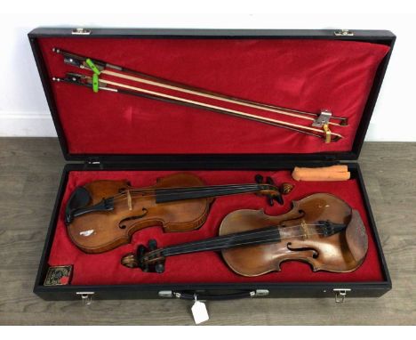 TWO VIOLINS AND BOWS IN A SINGLE CASE,the first a Scottish example by G. S. Mackay of Aberdeen with paper label to interior a