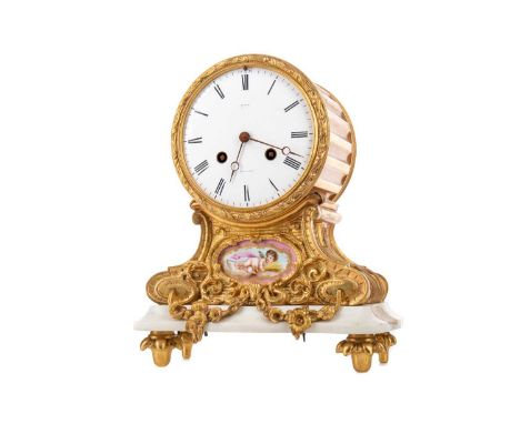LATE 19TH CENTURY FRENCH ORMOLU AND ALABASTER MANTEL CLOCK,the twin train eight day movement stamped Barrie, Edinburgh, strik
